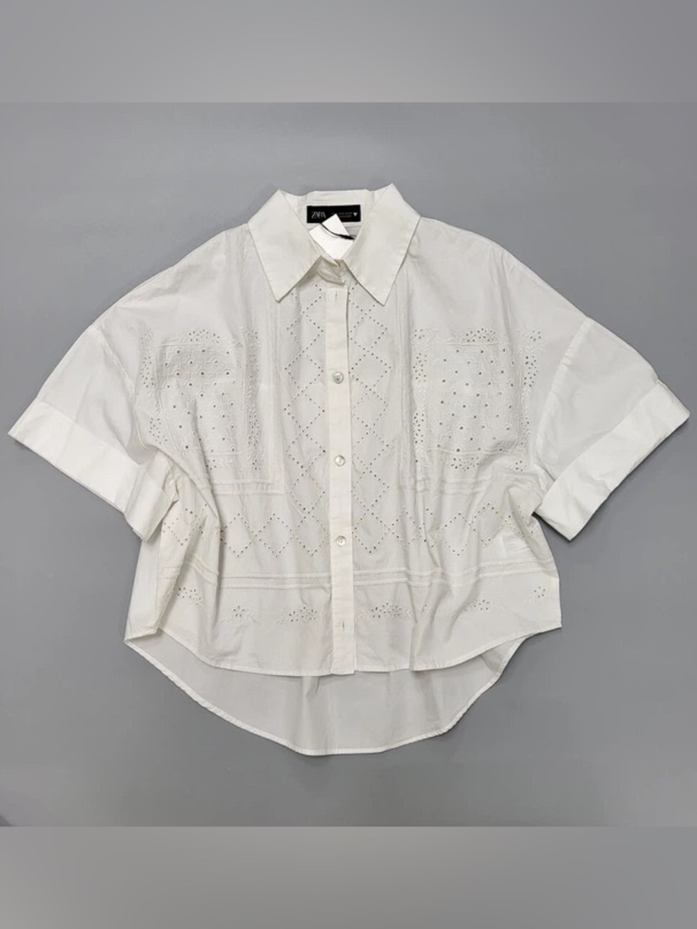 Zara White Button Up Shirt with Embroidered Diamond Pattern
